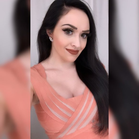 Herve Leger Rose Pink Blush Bandage Dress w/ Beige Criss-Cross Detail, Size S - Picture 2 of 8